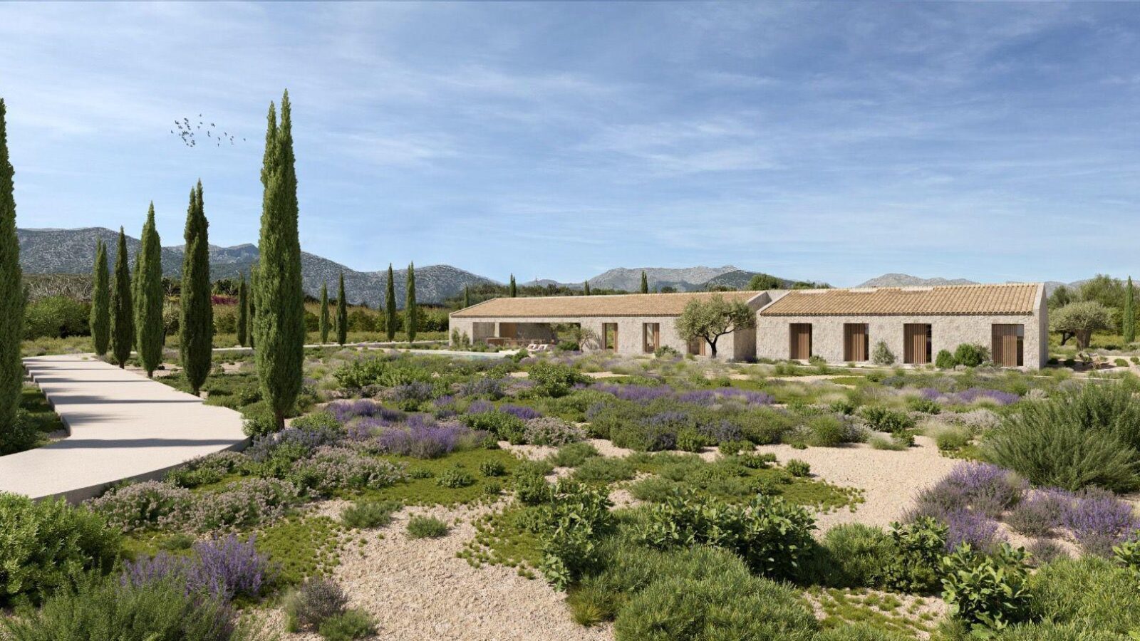 The villa among cypresses with the Serra de Tramuntana behind