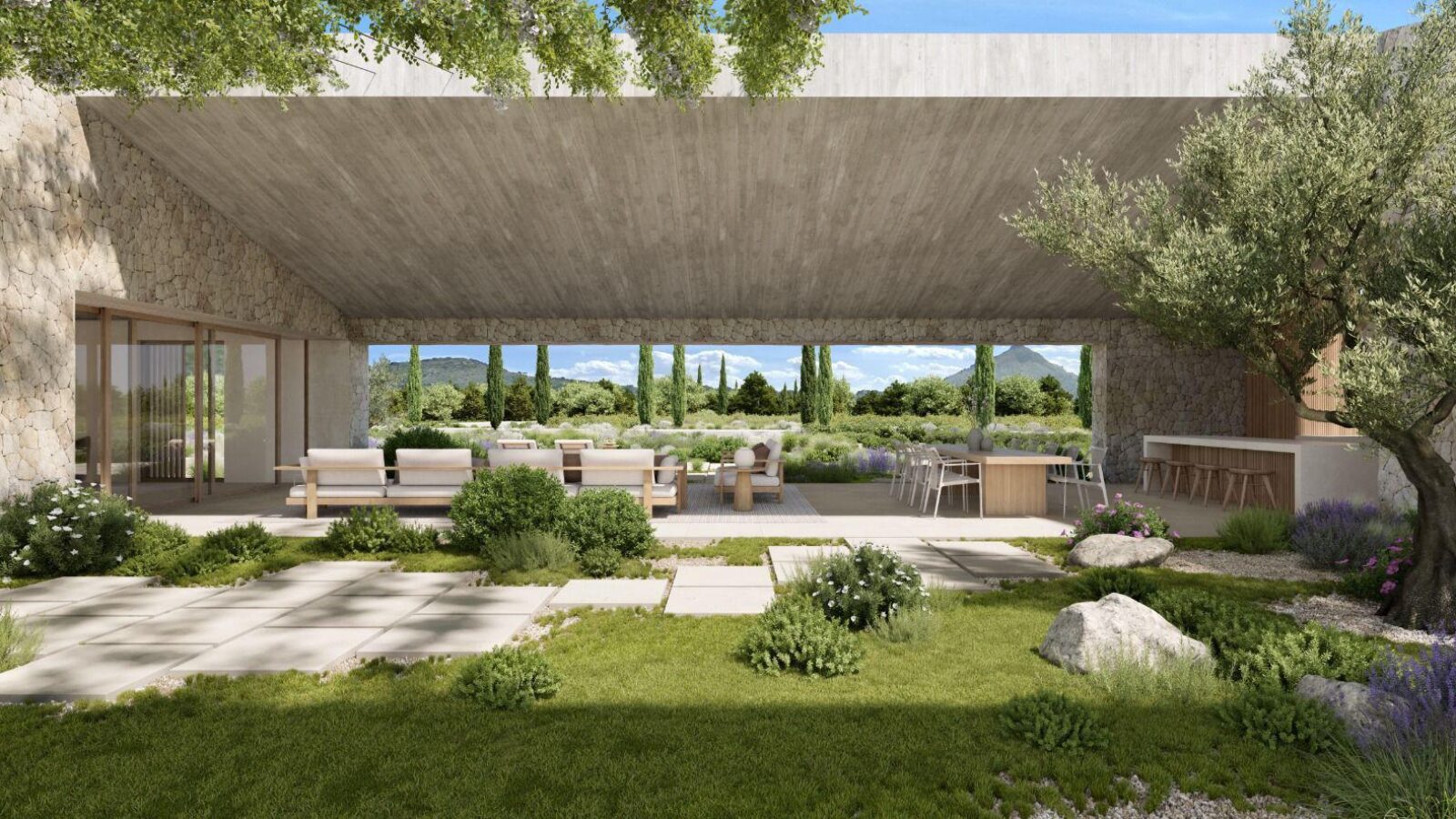 Central courtyard with olive tree and covered outdoor living area