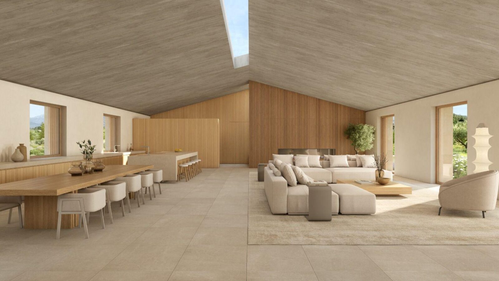Living and dining room in neutral tones with garden views