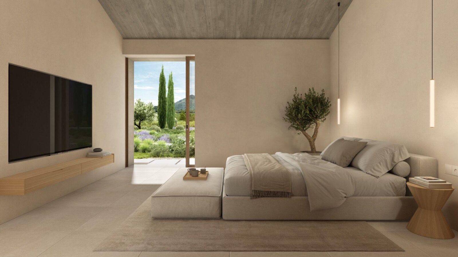 Bedroom with olive tree and garden views