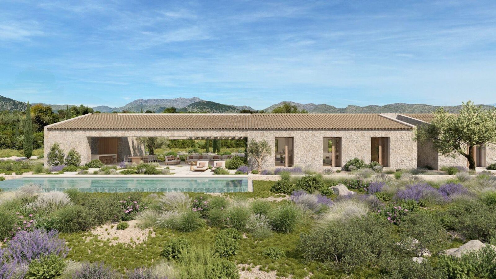 Proyecto de villa Can Gat: casa de piedra de una planta con piscina y la Serra de Tramuntana al fondo
