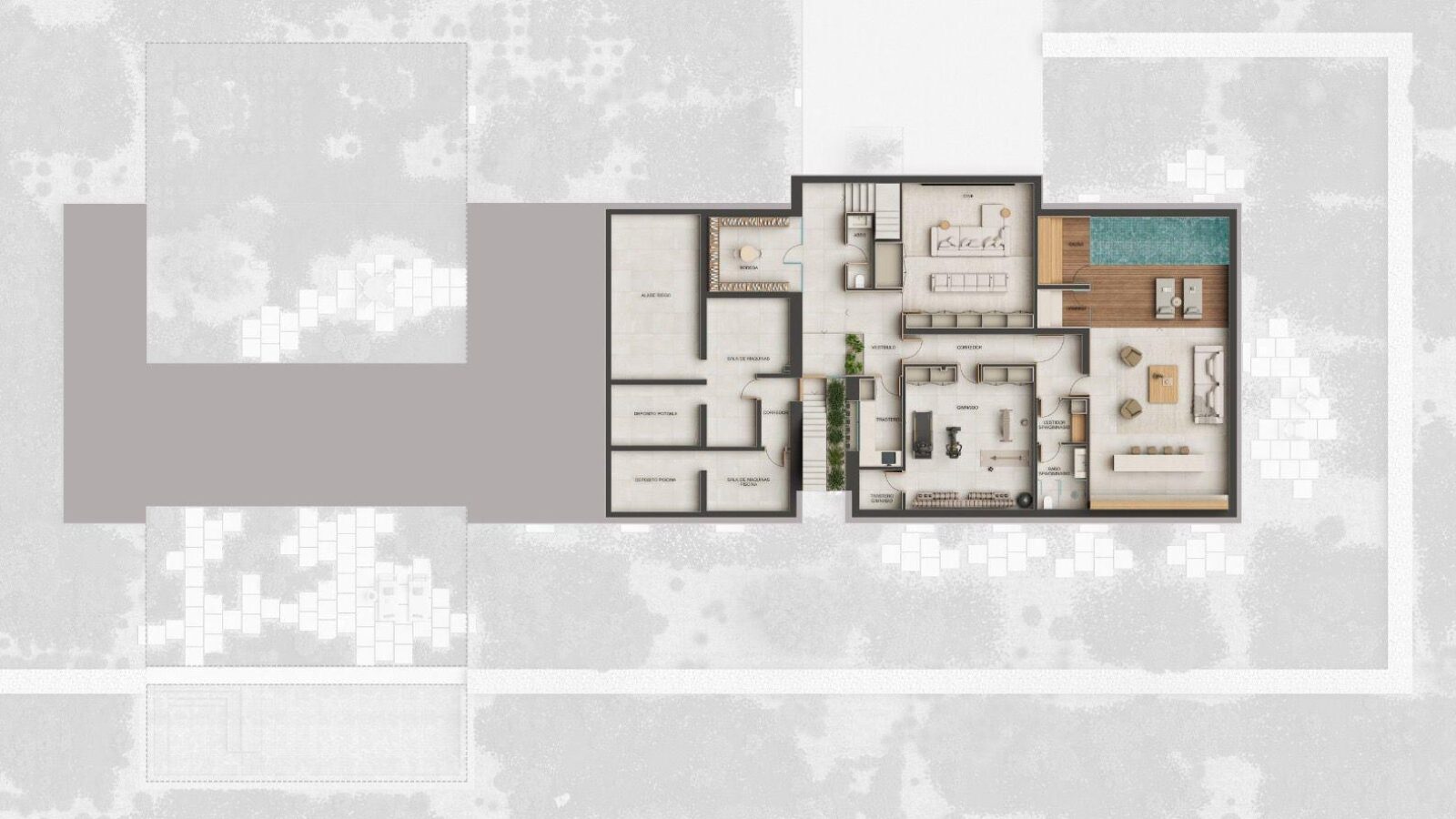 Plano de la planta inferior con spa, gimnasio, cine y bodega