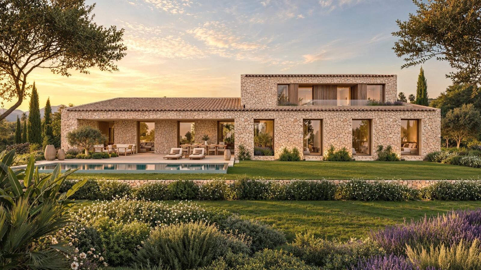 Two-storey stone finca with pool at sunset