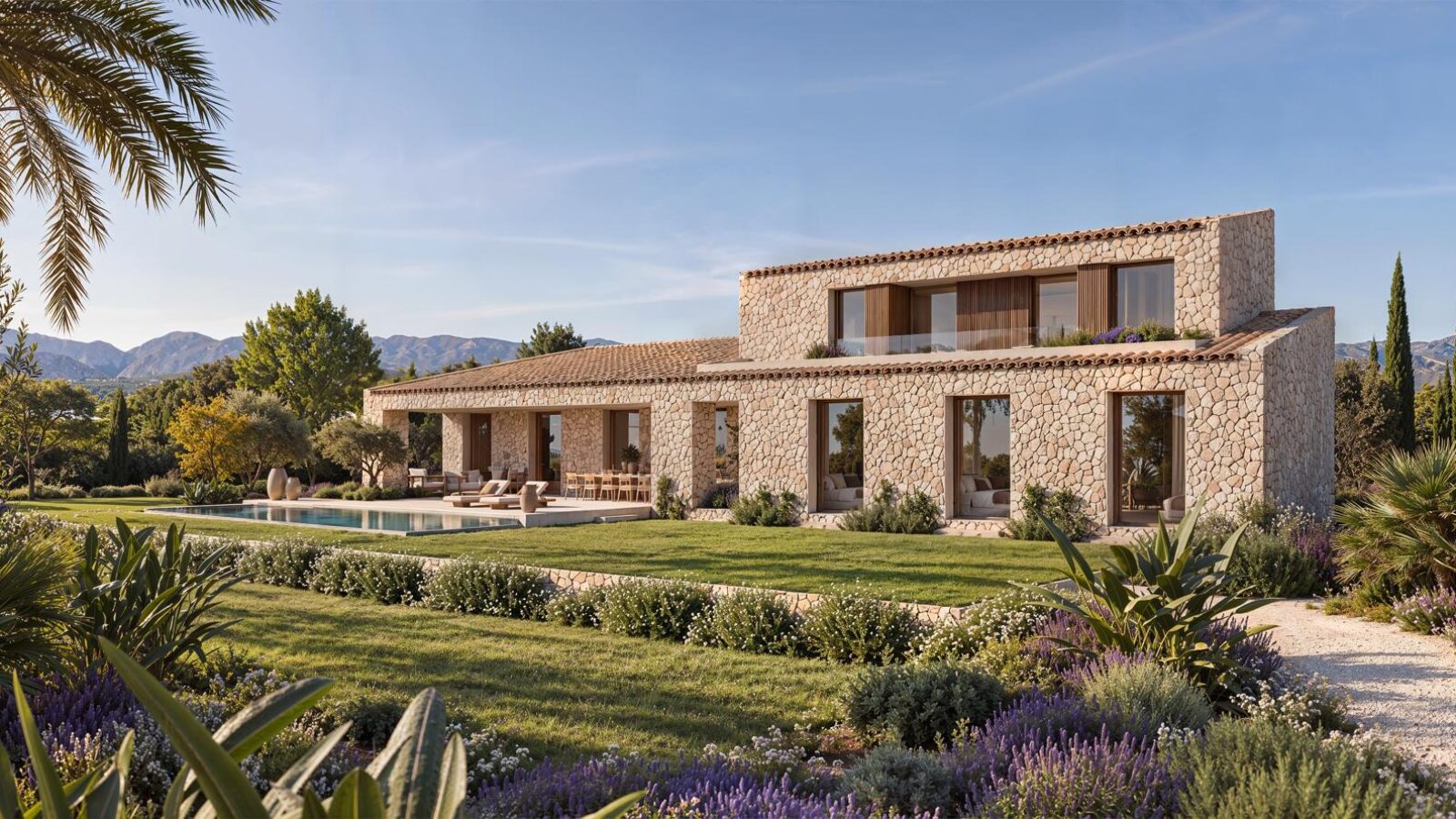 Rear façade with pool and Mediterranean garden