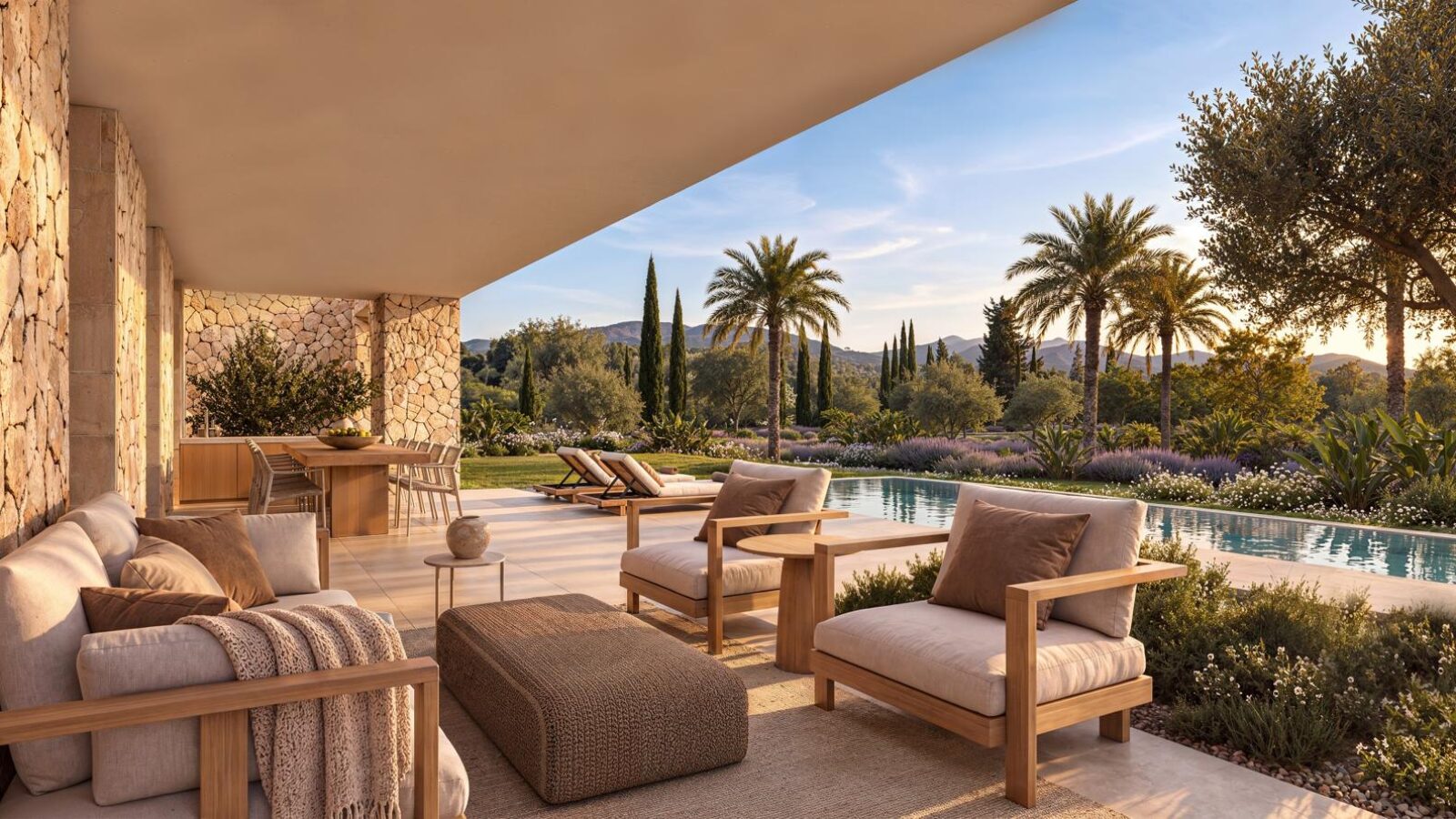 Covered terrace beside the pool among palm trees