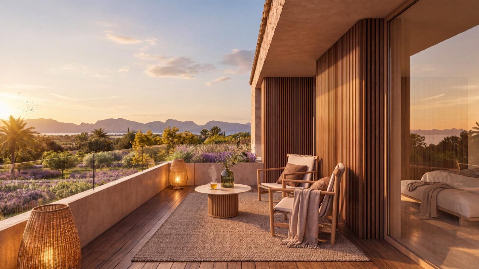 Upper terrace with armchairs and sunset views