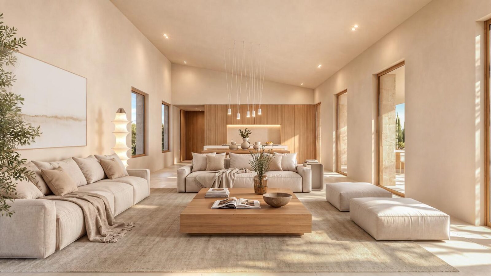 Spacious living room with sloping ceiling