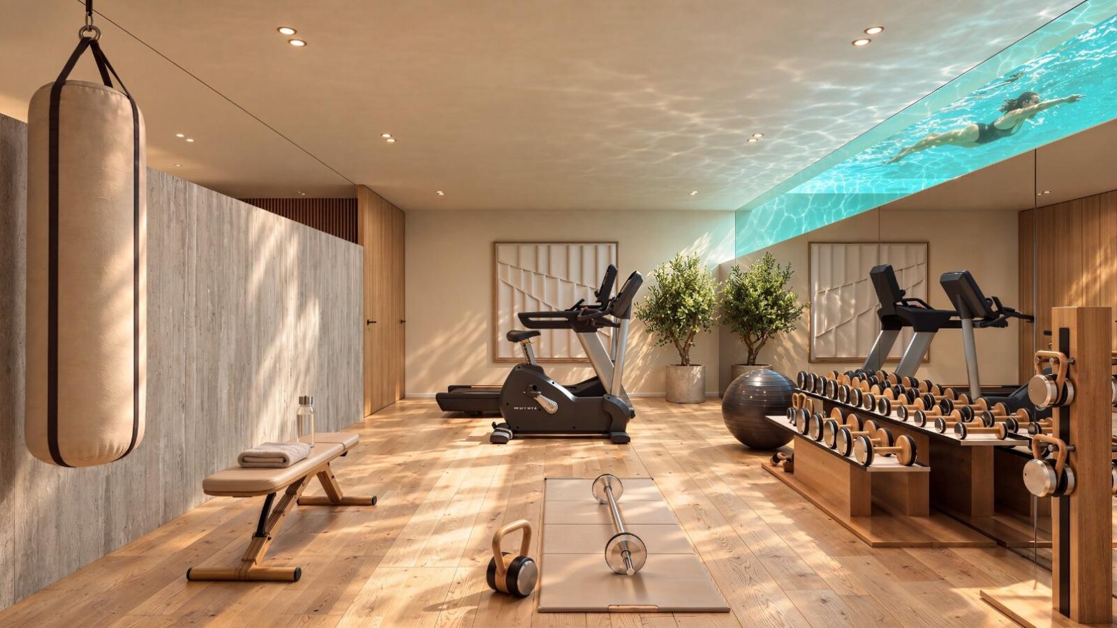 Gym with a glass ceiling looking up into the pool
