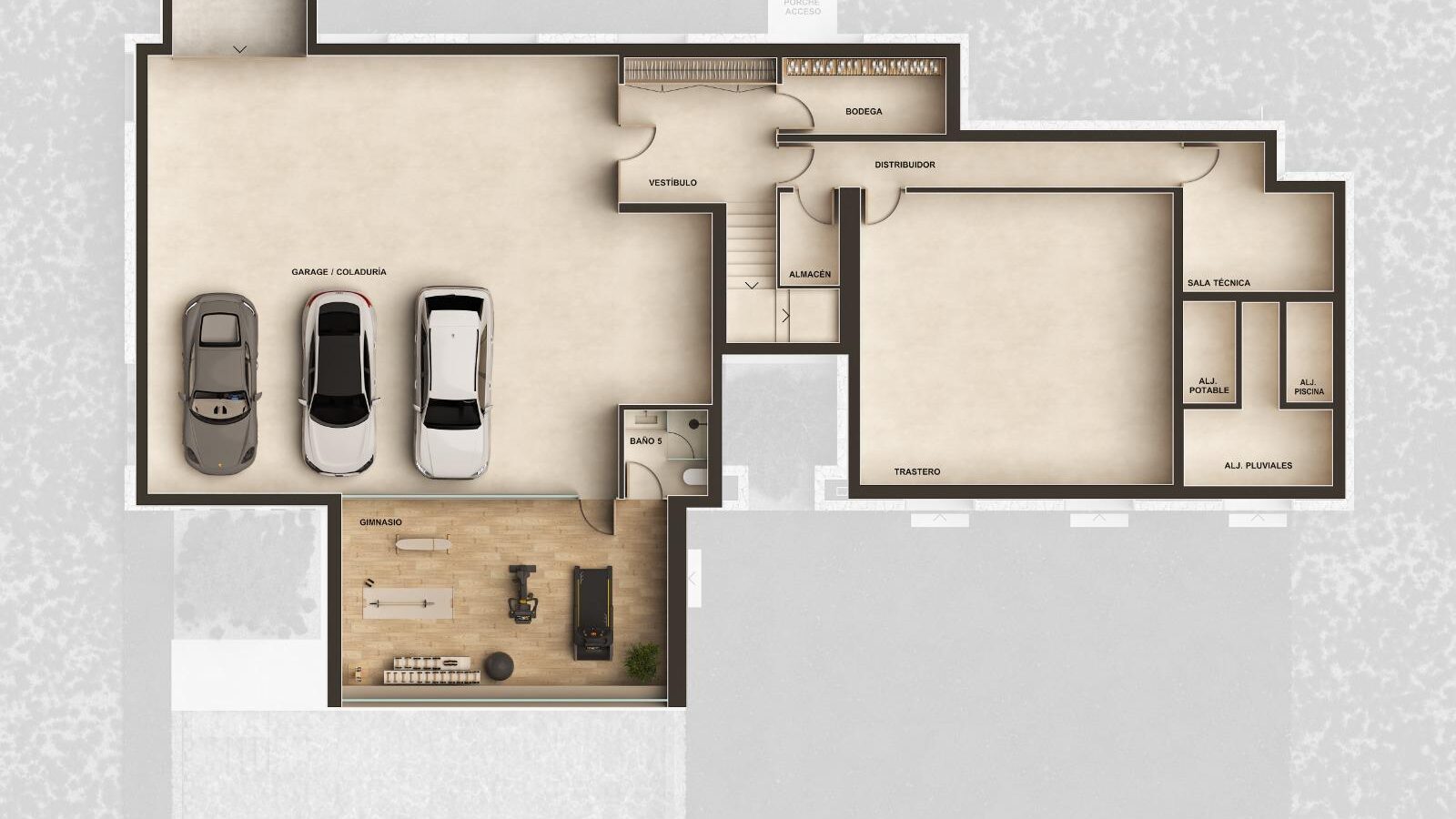 Lower level plan with garage for three cars