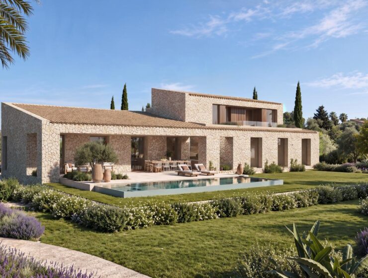 Finca de piedra con piscina y césped