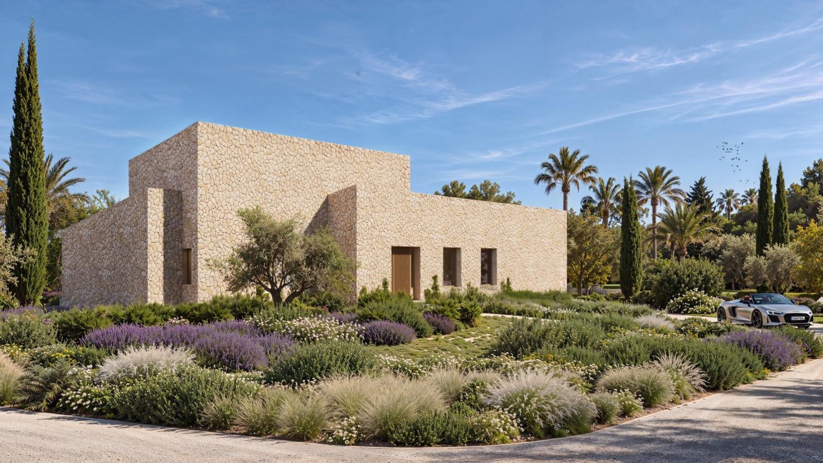 Can Melis: fachada de piedra del proyecto de finca con jardín mediterráneo