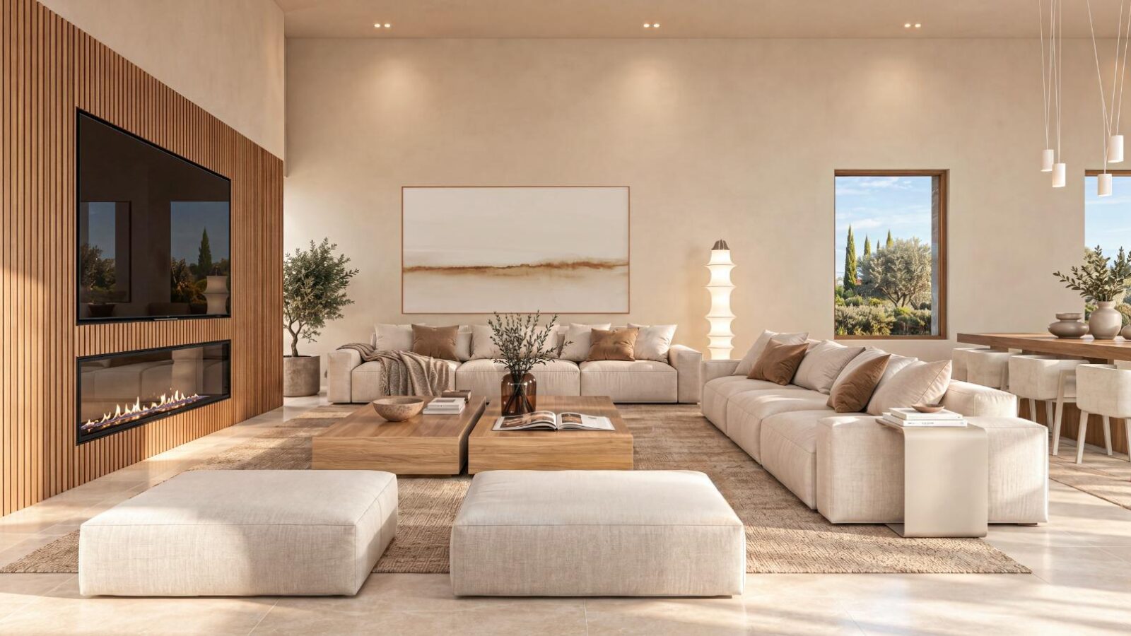 Salón con chimenea y distribución abierta
