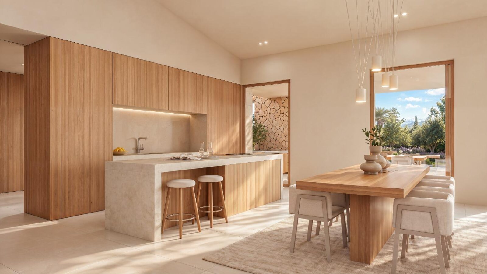 Cocina abierta y mesa de comedor con vistas al campo
