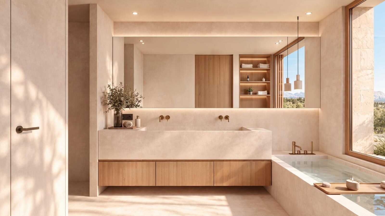 Baño con bañera exenta y ventana al jardín