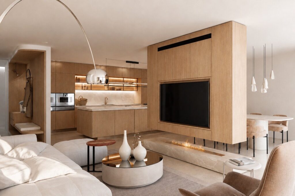 Interiorismo de una vivienda de obra nueva en el norte de Mallorca: salón con chimenea y cocina de roble