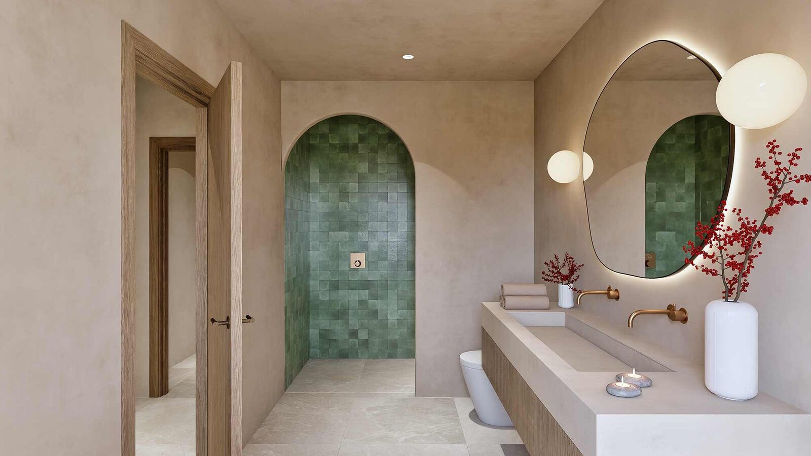 Bathroom with a shower in an arched green-tiled niche, beige walls and an illuminated organic mirror