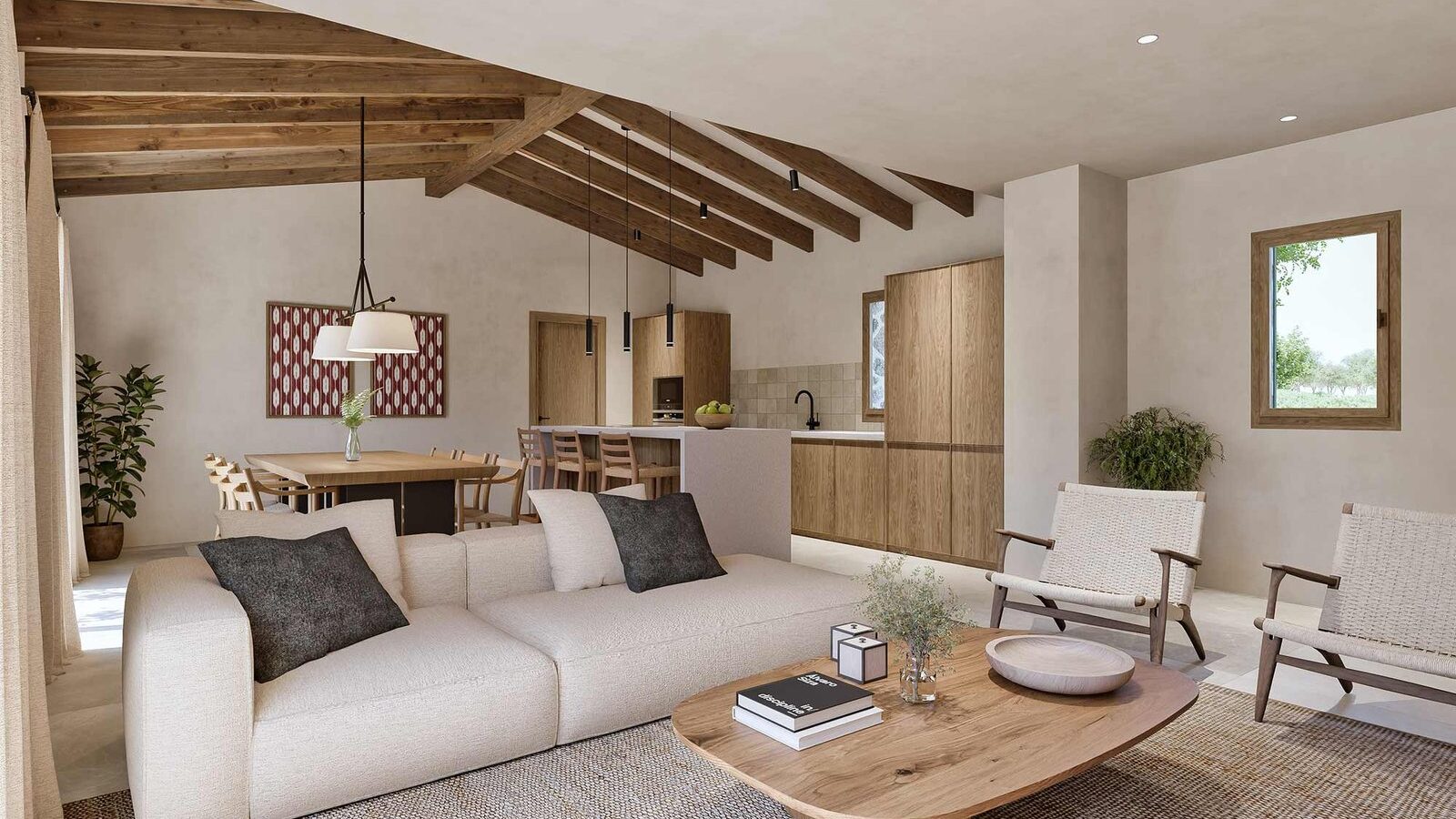 Salón con sofá crudo, sillones de cuerda, mesa de centro de madera y cocina al fondo