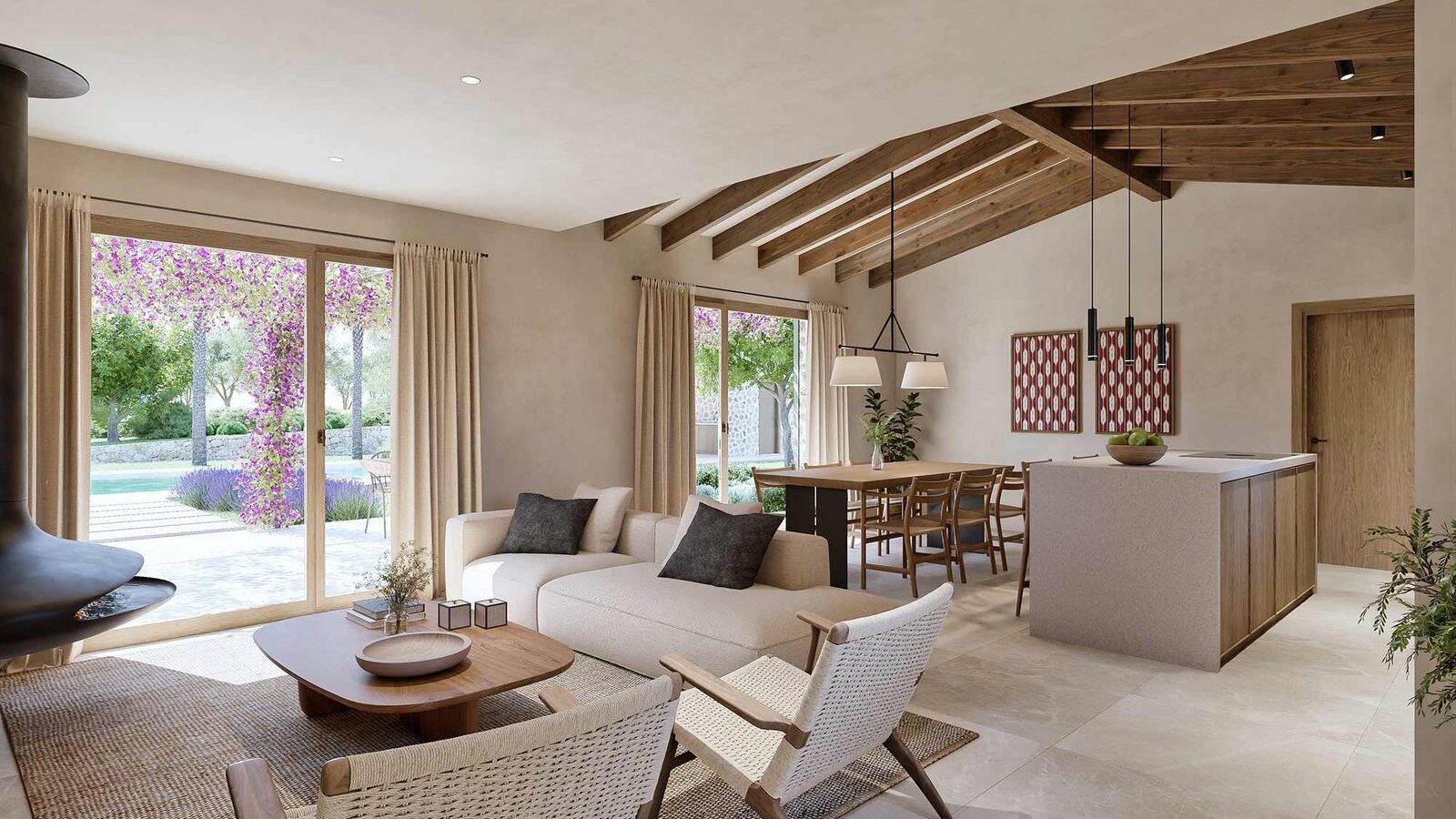 Salón-comedor con puertas correderas al jardín, pérgola florida, piscina, suelo claro y vigas de madera vistas